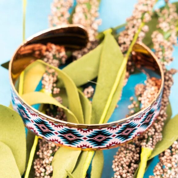 Cuff Bracelet, Copper Turquoise Black Burgundy White Southwestern Aztec Pattern - Picture 6 of 8